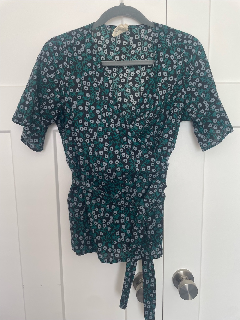 Mata Traders Black Wrap Top with Teal and Light Blue Floral Print